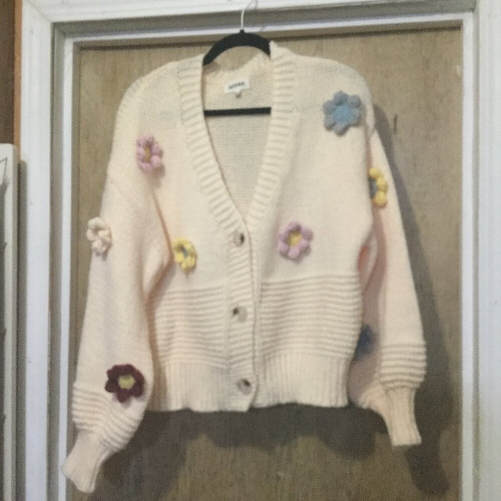 Adora button front cardigan with 3D flowers on the front and sleeves size small